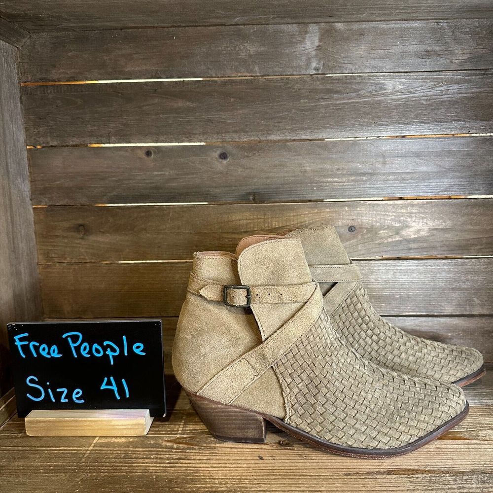 Womens Free People Venture Tan Suede Ankle Heeled Booties Boots Size EU 41 US 10